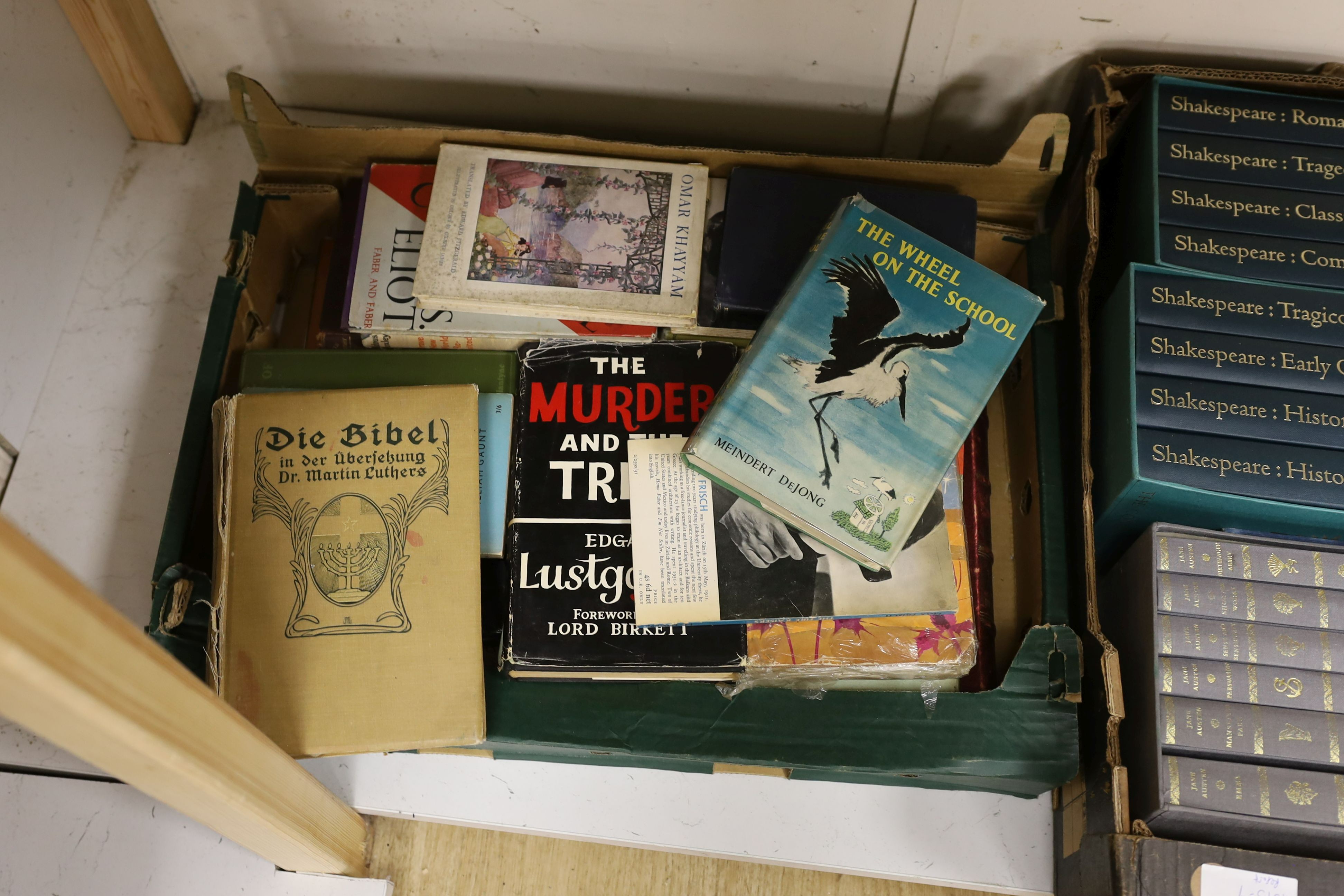 A quantity of books, Shakespeare Folios, leather bounds and various novels.